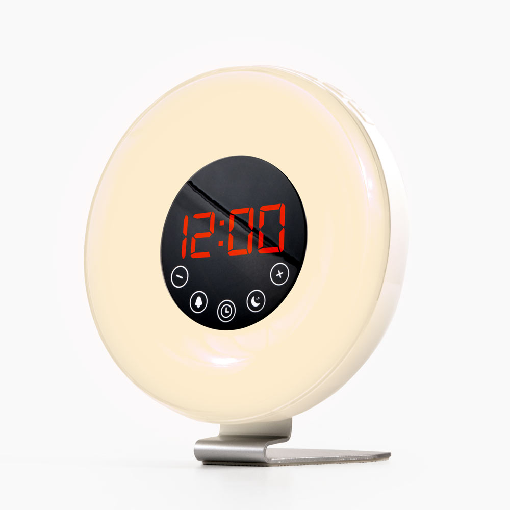 Round wake-up light alarm clock with digital display and touch controls, designed to simulate sunrise, improve morning wakefulness and support healthy sleep routines