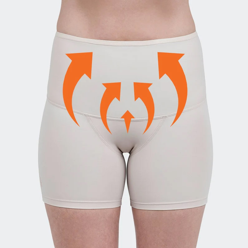 High-waisted SRC Health pelvic support shorts with arrows showing upward lift, illustrating pelvic support, prolapse relief, core engagement and improved comfort during daily movement.
