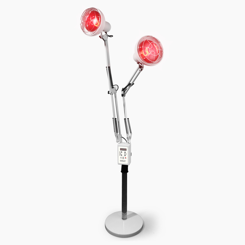Osalis Adjustable dual-head infrared heat therapy lamp with glowing red bulbs, used for pain relief, improved circulation, muscle relaxation and targeted infrared treatment at home.