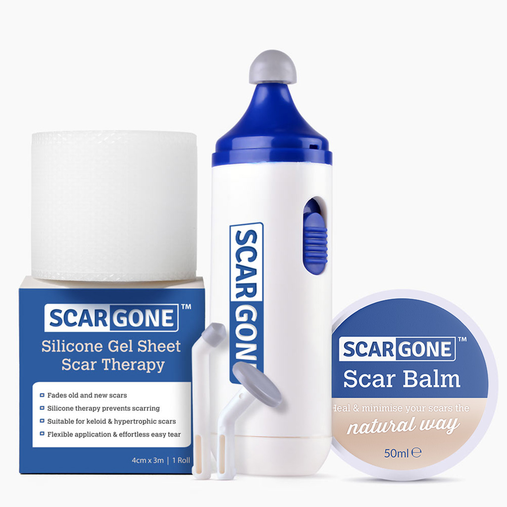 ScarGone Scar Management Set including a silicone gel sheet roll, ScarGone scar balm, and handheld scar massage device for reducing the appearance of scars
