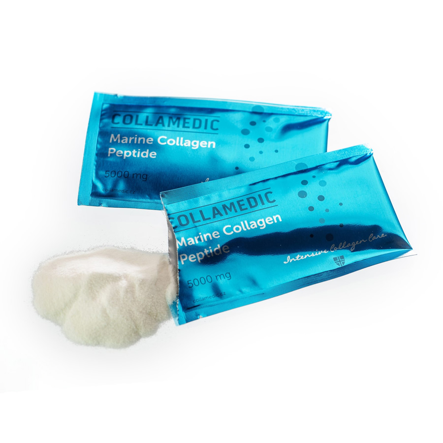 Collamedic Bioactive Marine Collagen sachets containing 5000 mg marine collagen peptides, shown with opened sachet and collagen powder, highlighting a pure, tasteless daily collagen supplement for skin hydration, elasticity, hair and nail support.