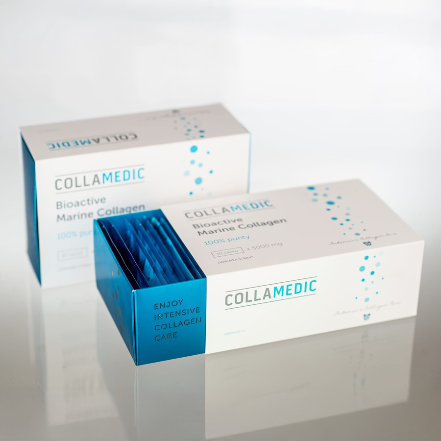 Collamedic Bioactive Marine Collagen box with individual sachets, showing 100% pure marine collagen drink supplements containing 5000 mg collagen peptides, designed to support skin hydration, elasticity, and healthy hair and nails.