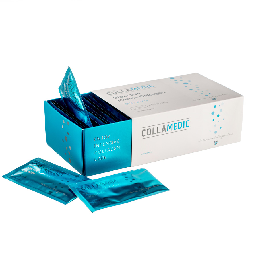 Collamedic Bioactive Marine Collagen Drink packaging showing open box with blue sachets, delivering 5000 mg hydrolysed marine collagen per serving to support youthful skin, hydration, elasticity, and overall beauty-from-within benefits.