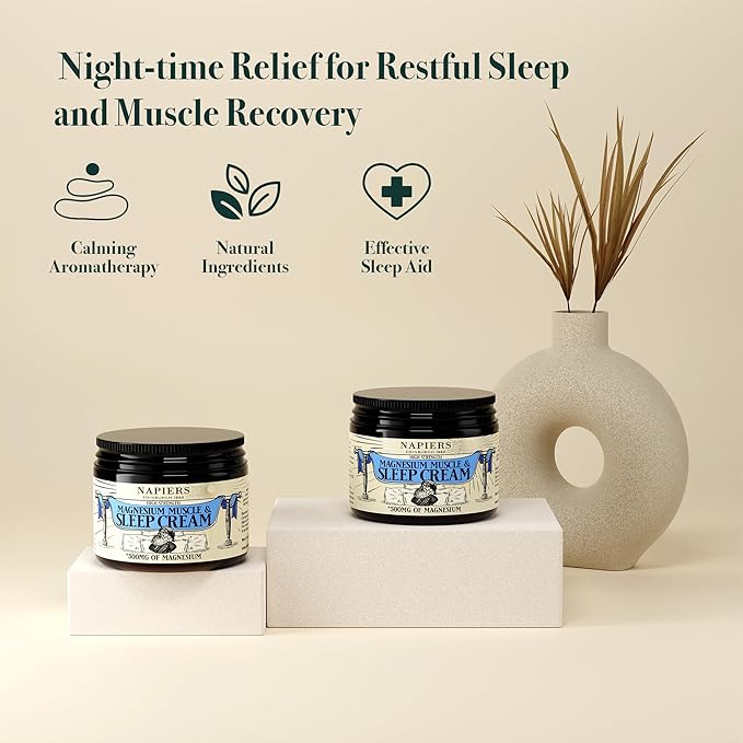 Napiers Magnesium Muscle & Sleep Cream displayed on pedestals with calming décor, highlighting night-time relief for restful sleep and muscle recovery, with icons showing calming aromatherapy, natural ingredients, and effective sleep support.