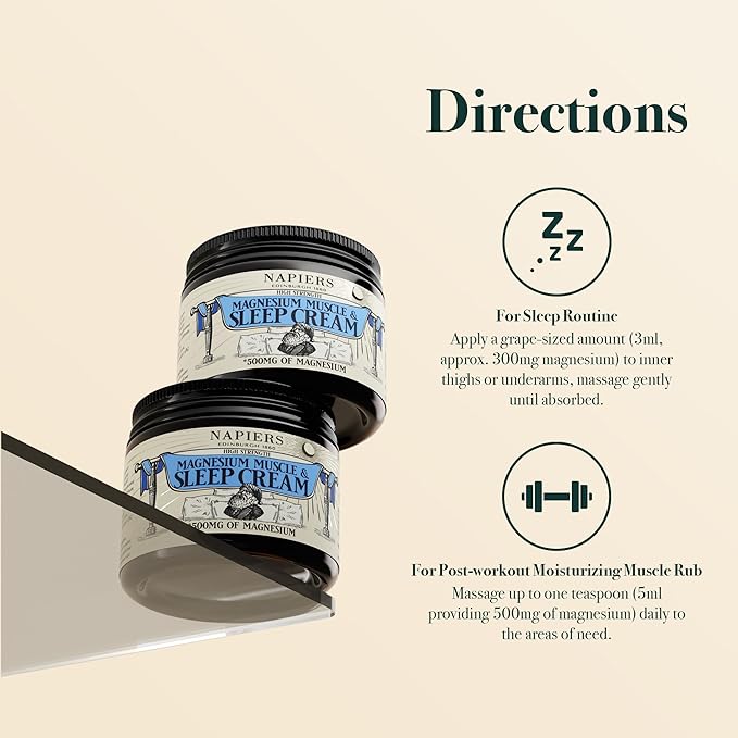 Directions for Napiers Magnesium Muscle & Sleep Cream showing sleep routine and post-workout use, with jars displayed. Apply 3ml to inner thighs or underarms for sleep, or up to 5ml daily as a moisturizing muscle rub after exercise.