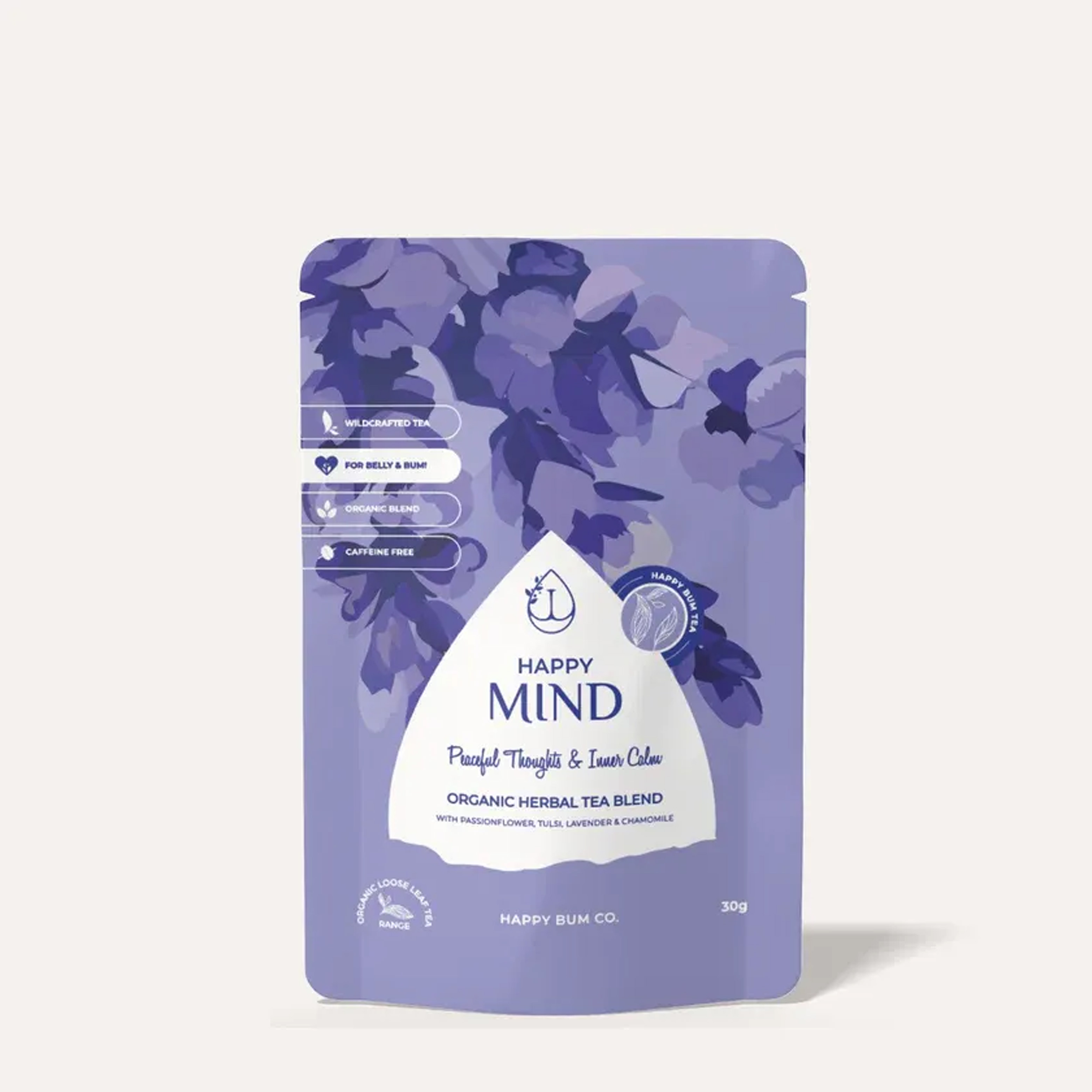 Happy Bum Co Happy Mind Tea organic herbal enema blend pouch, featuring passionflower, tulsi, chamomile and lavender. Caffeine-free loose leaf tea designed for calming herbal enemas to support relaxation, stress relief and gentle digestive care.