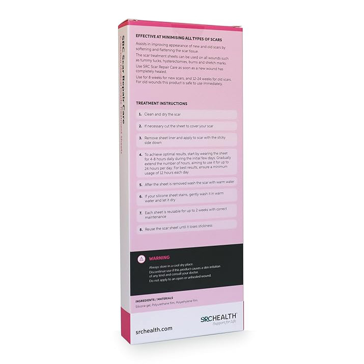 Back of SRC Scar Repair Care silicone scar sheets packaging showing treatment instructions, usage guidance for new and old scars, safety warnings, and reusable medical-grade silicone sheet information for effective scar reduction.