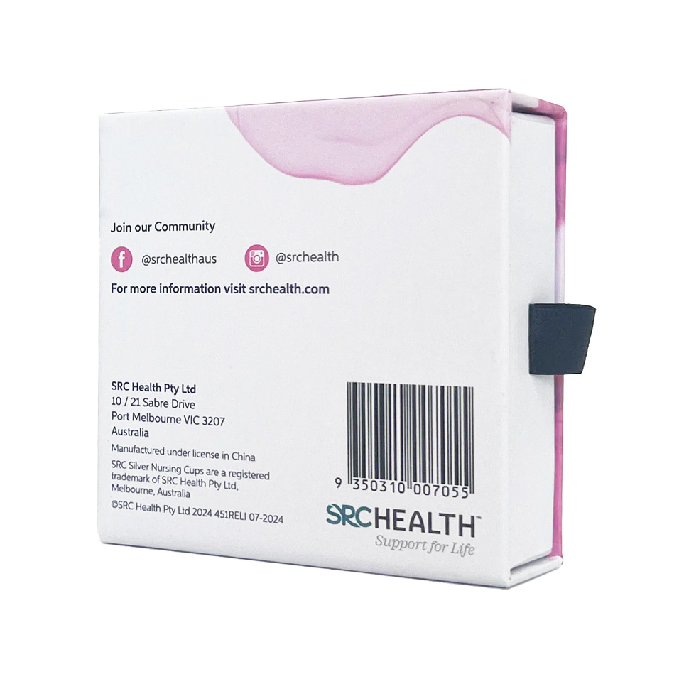 Back view of SRC Relief Superior Silver Nursing Cups packaging showing product information, barcode, and manufacturer details on a white and pink box.
