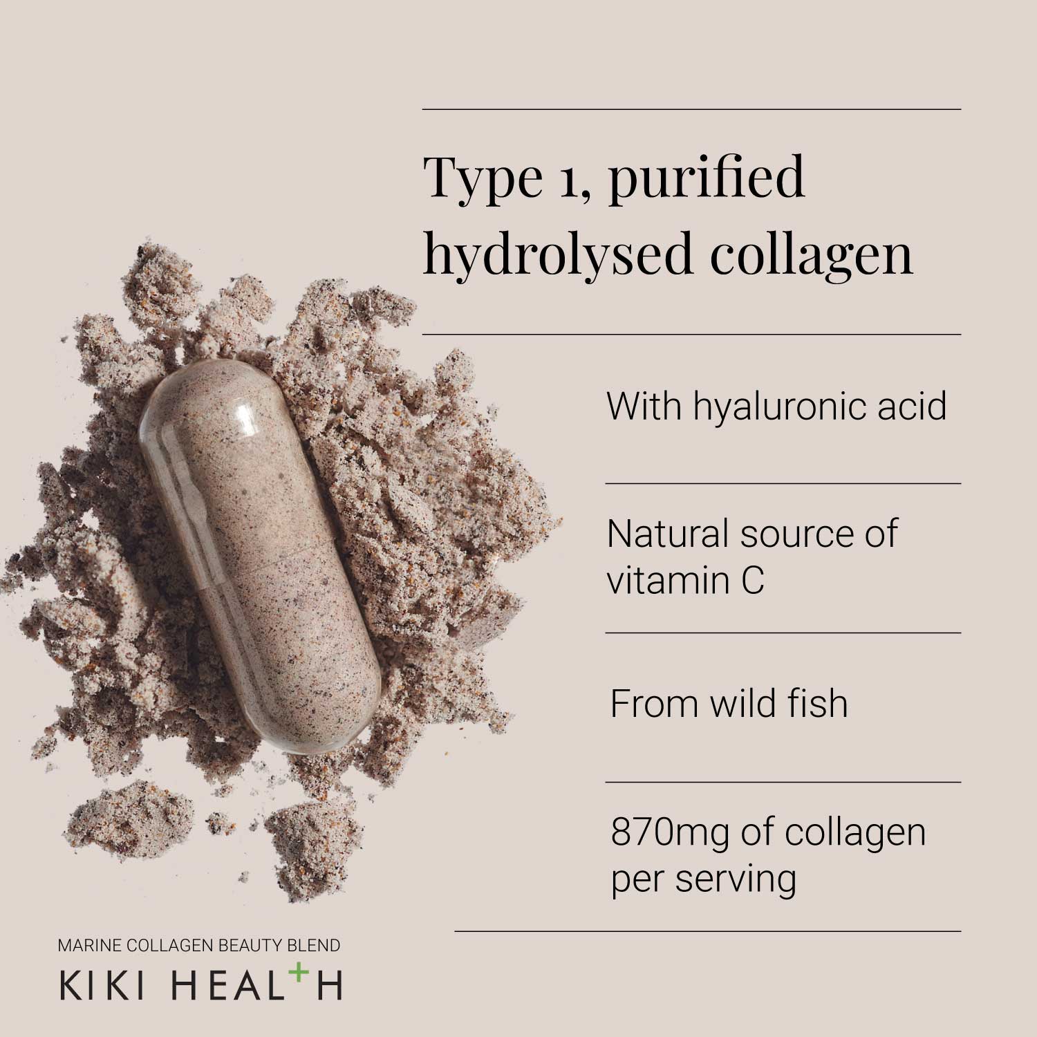 KIKI Health Marine Collagen Beauty Blend capsule shown with powdered collagen, highlighting type 1 purified hydrolysed collagen with hyaluronic acid, natural vitamin C source, sustainably sourced from wild fish, delivering 870mg of collagen per serving.