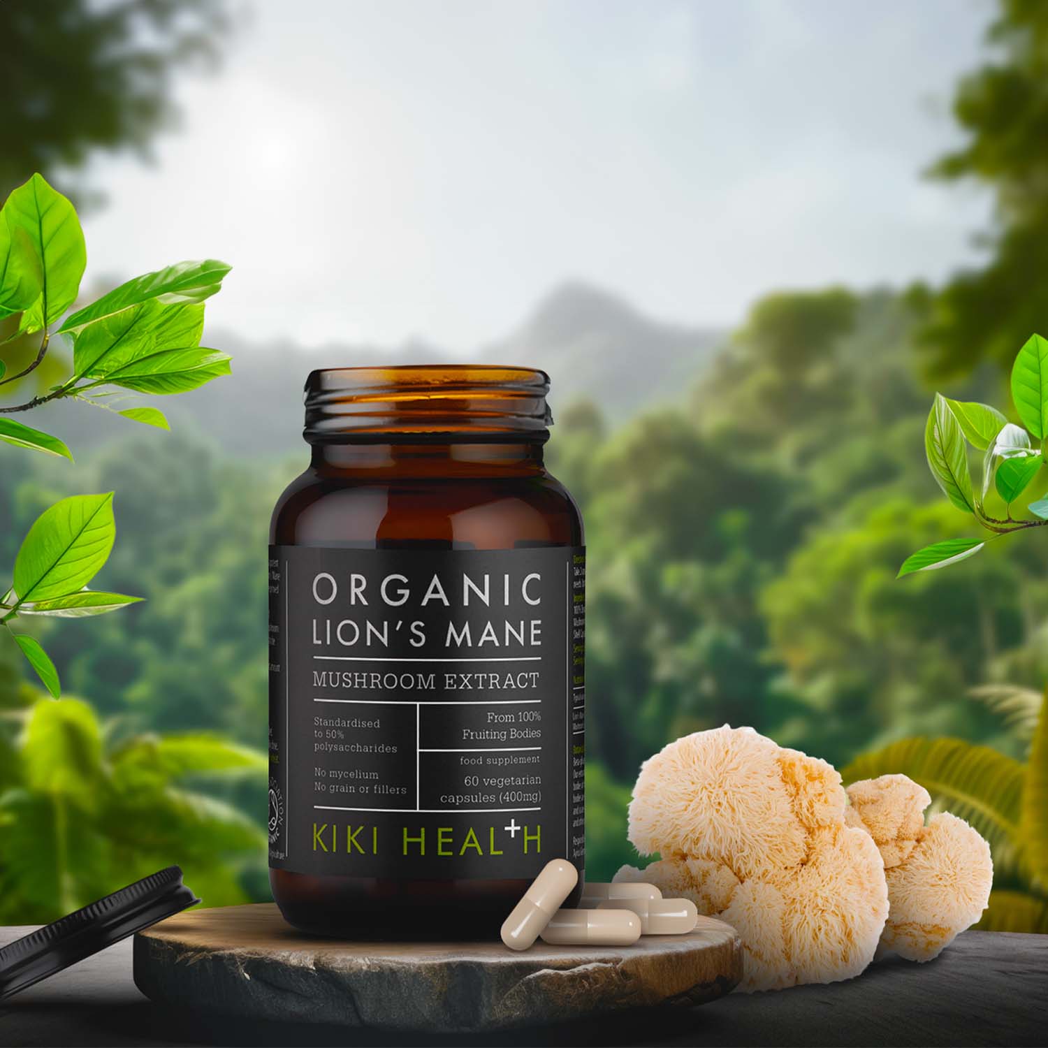 KIKI Health Organic Lion’s Mane mushroom extract bottle with capsules and fresh lion’s mane mushrooms, displayed in a natural forest setting, highlighting organic fruiting body extract for cognitive support and mental clarity.