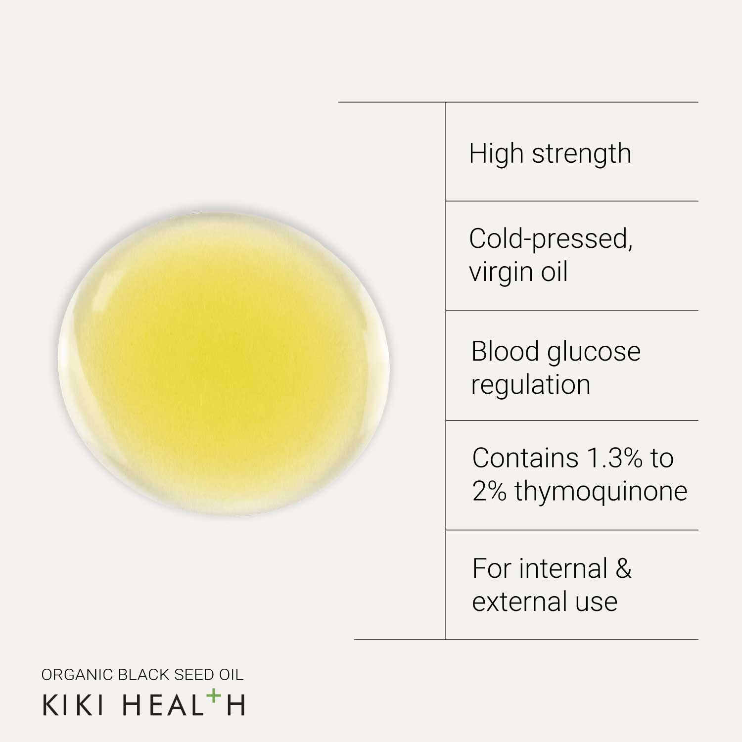 Circular sample of yellow oil with informational text alongside, used to illustrate KIKI Health Organic Black Seed Oil.