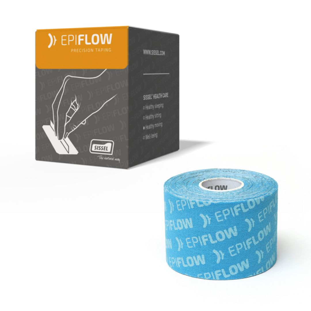 Sissel EPIFLOW Precision Taping product image showing blue EPIFLOW kinesiology tape roll with branded packaging, designed for deep tissue stimulation, fascia mobilisation, lymphatic drainage support, physiotherapy, sports recovery and scar tissue treatment.