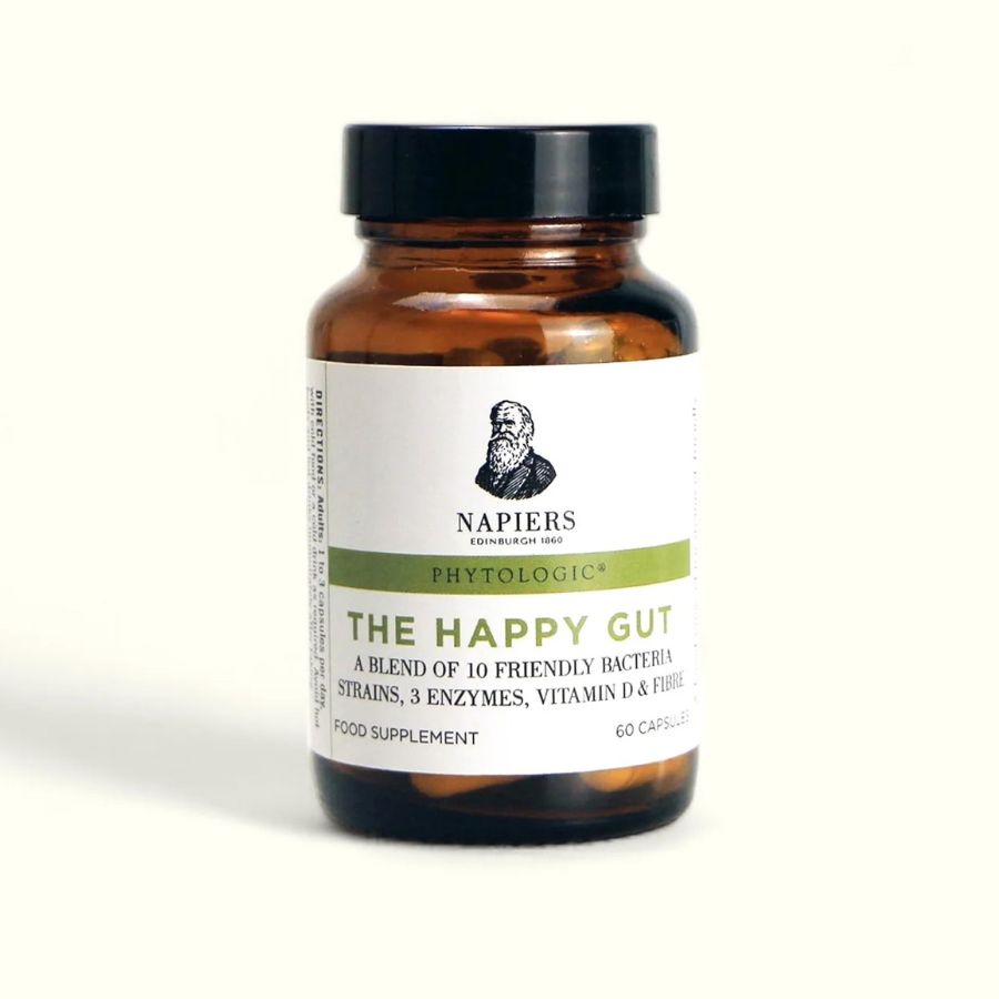 Napiers Phytologic Happy Gut Capsules shown in amber bottle, featuring a daily digestive supplement with 10 probiotic strains, prebiotics, enzymes and vitamin D3, designed to support gut health, digestion, and microbiome balance.