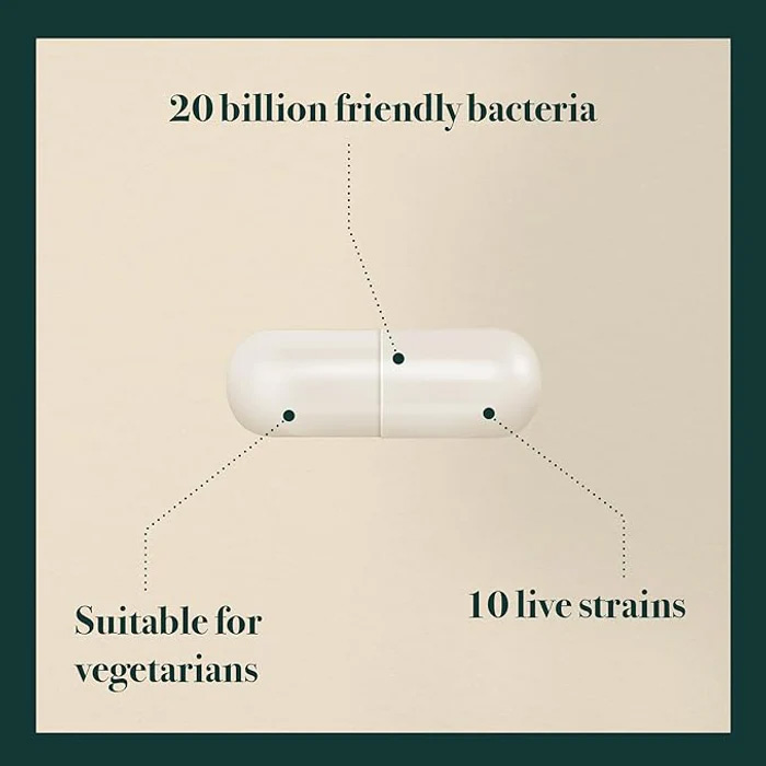 Napiers Phytologic Happy Gut Capsules, showing 20 billion friendly bacteria per serving, 10 live probiotic strains, and suitability for vegetarians, illustrating comprehensive daily digestive and microbiome support.