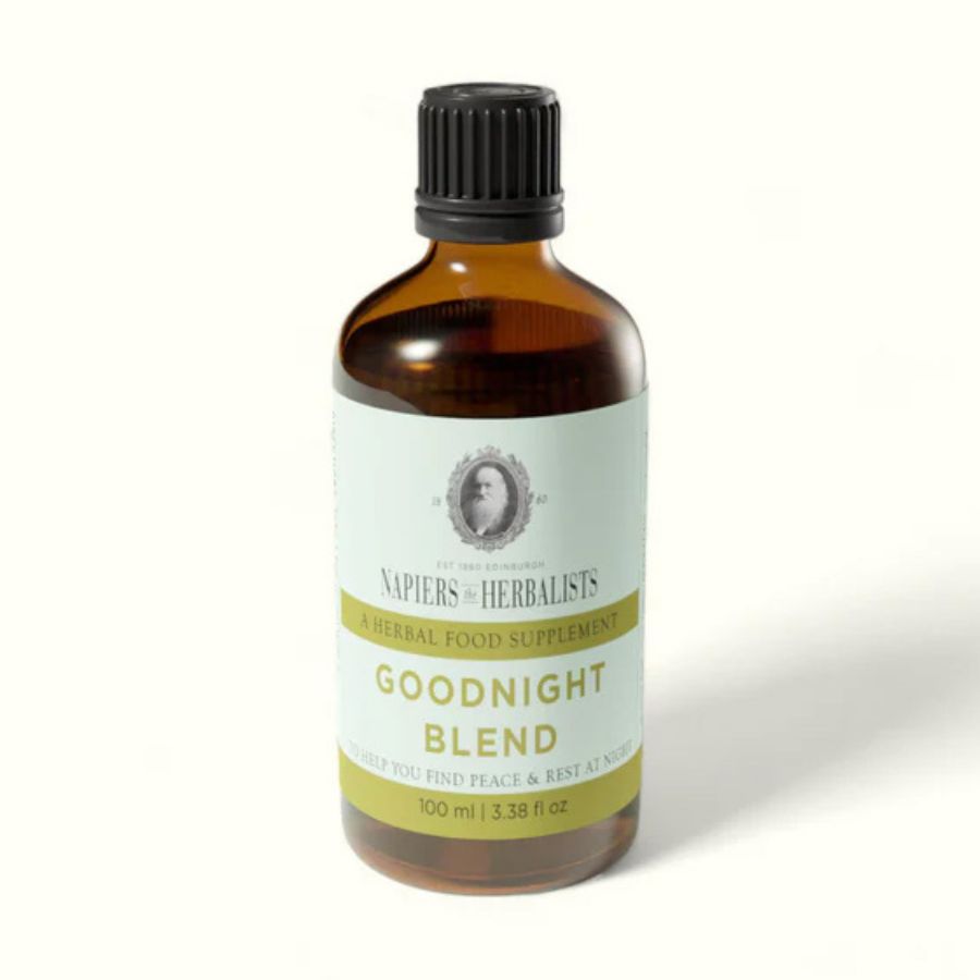 Napiers Goodnight Blend herbal food supplement bottle on white background, a liquid herbal tincture designed to promote relaxation, ease daily stress, and support restful sleep, suitable for vegetarians and vegans.