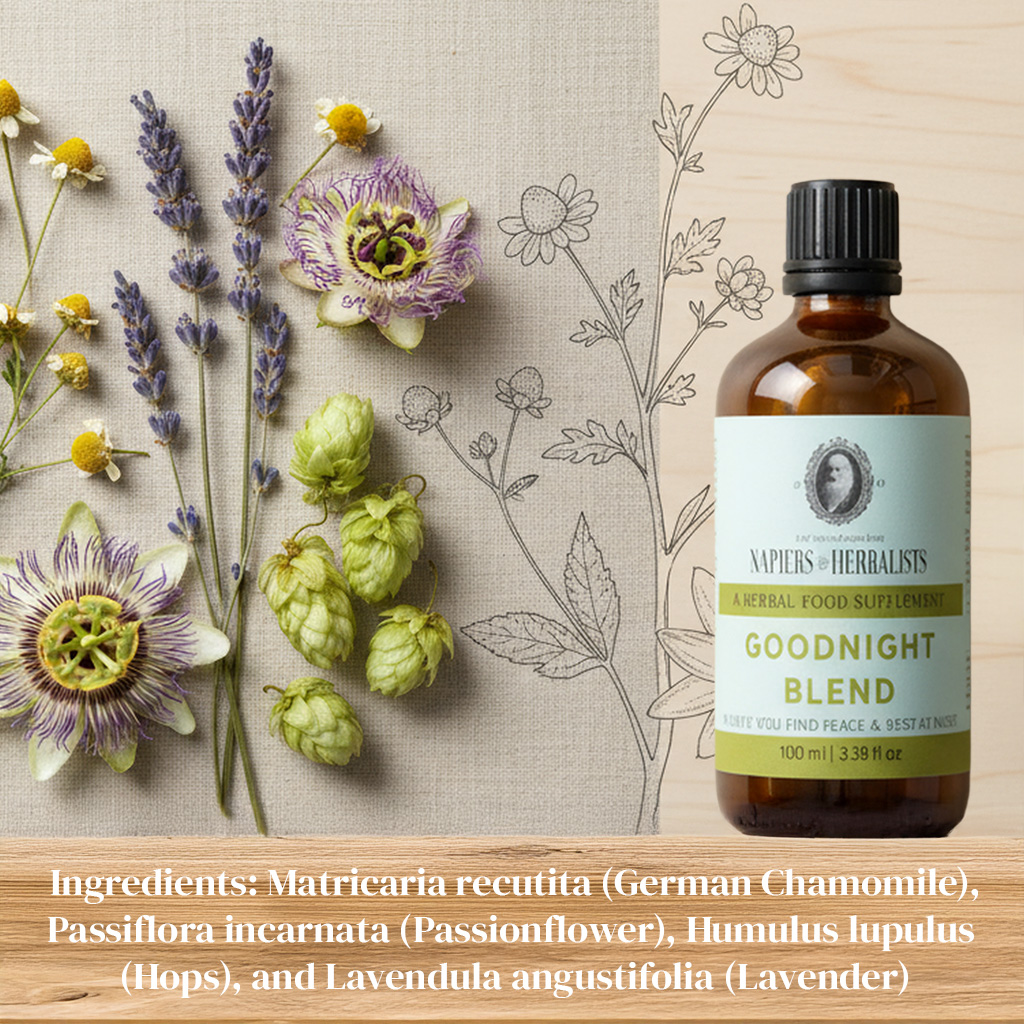 Napiers Goodnight Blend herbal food supplement bottle displayed with chamomile, passionflower, hops and lavender plants, highlighting natural botanical ingredients traditionally used to promote relaxation, calm the nervous system, and support restful sleep.