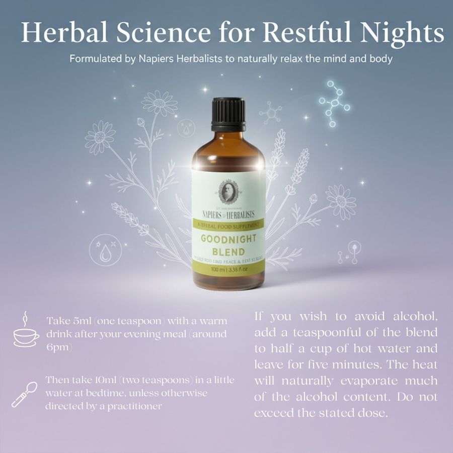 Napiers Goodnight Blend herbal food supplement bottle shown with botanical illustrations and dosage guidance, highlighting herbal science for restful nights, formulated to naturally relax the mind and body with evening and bedtime usage instructions.