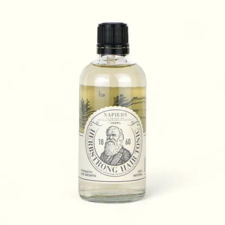 Bottle of Napiers Herbstrong Hair Tonic, a herbal scalp and hair treatment formulated with rosemary and botanical extracts to support scalp vitality, invigorate hair roots, and promote healthy-looking hair with a lightweight, non-greasy finish.