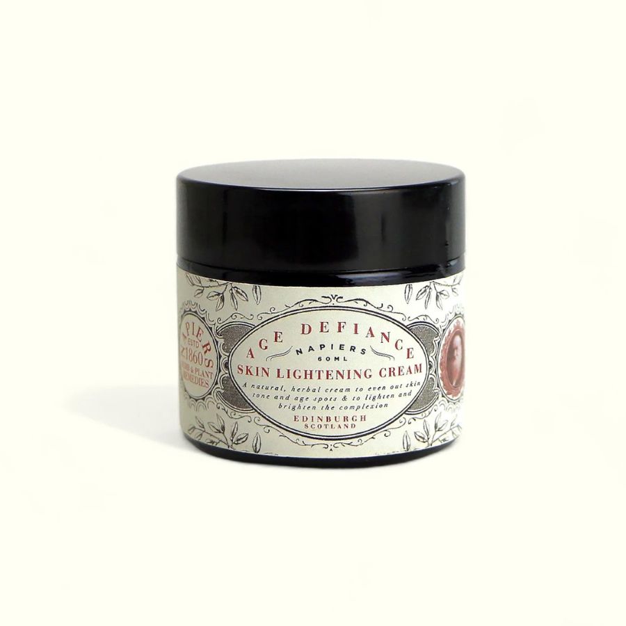 Napiers Age Defiance Skin Lightening Cream shown in jar packaging, a vegan herbal moisturiser formulated with chamomile, chickweed, lemon and licorice root to brighten uneven skin tone, soothe sensitivity and support mature, radiant skin.