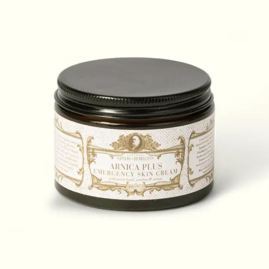 Front view of Napiers Arnica Plus Emergency Skin Cream jar, a herbal skin cream with arnica, witch hazel and comfrey, designed to soothe, cool and support skin comfort, muscles and joints after everyday bumps, strains and activity.