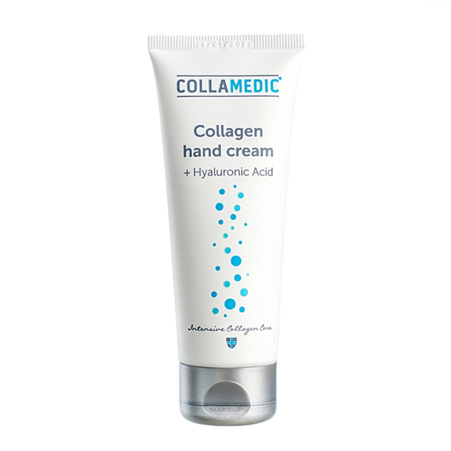 COLLAMEDIC Collagen & Hyaluronic Acid Hand Cream in a tube, featuring a fast-absorbing, non-greasy formula with triple collagen, hyaluronic acid and nourishing oils to hydrate, smooth and protect dry, ageing hands.