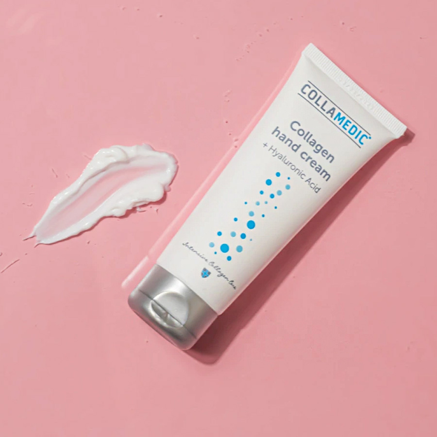 COLLAMEDIC Collagen & Hyaluronic Acid Hand Cream on a soft pink background, featuring a silky cream texture and fast-absorbing formula designed to deeply hydrate, smooth and protect hands while supporting youthful-looking skin.