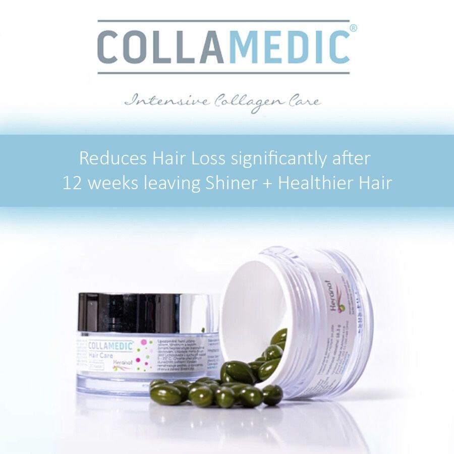 Collamedic Hair Care Keranat Capsules image showing open jar with green capsules and text stating reduced hair loss after 12 weeks, promoting shinier, healthier hair with intensive collagen care and clinically supported hair growth benefits.
