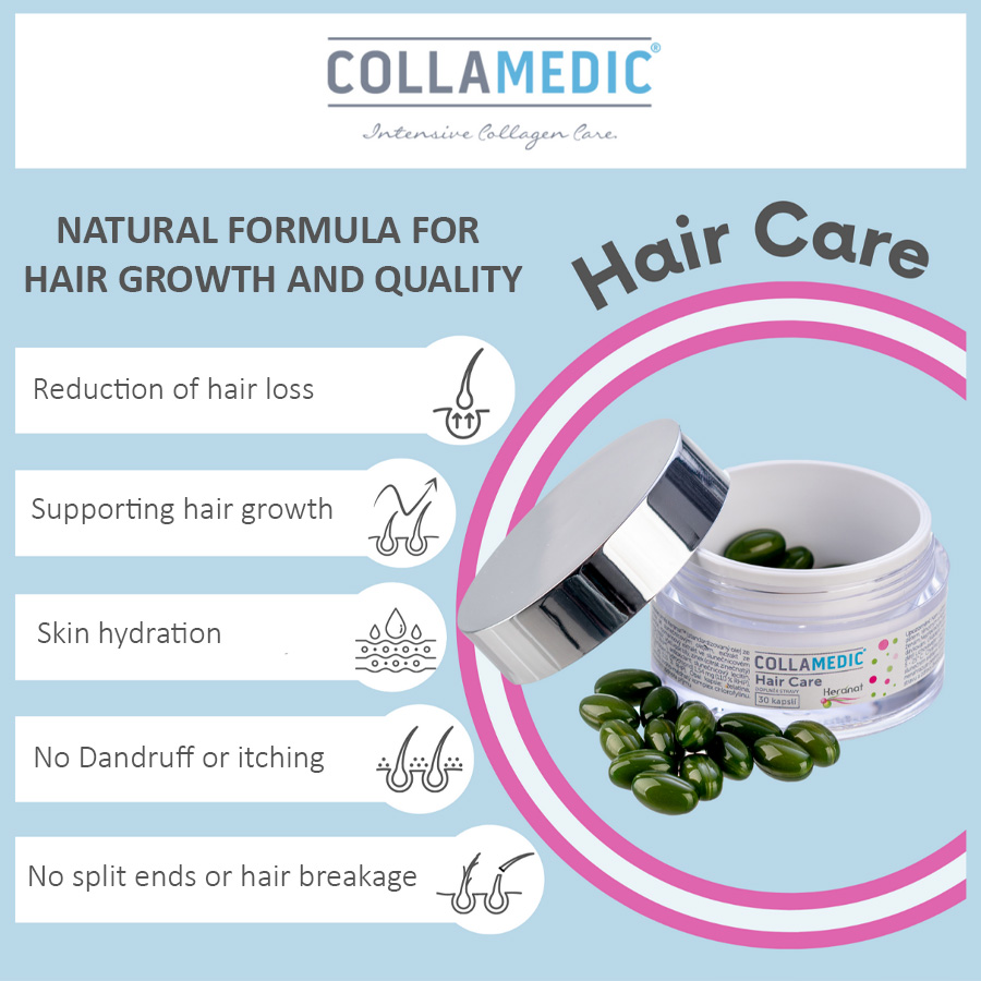 Collamedic Hair Care Keranat Capsules promotional graphic showing open jar with green capsules and benefits listed, including reduced hair loss, supported hair growth, improved scalp hydration, reduced dandruff and itching, and stronger hair with less breakage.