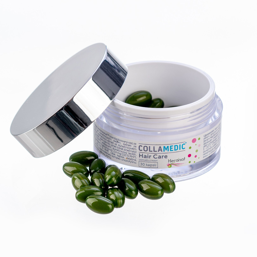 Open jar of Collamedic Hair Care Keranat Capsules with green softgel capsules displayed, showcasing a premium hair growth supplement formulated to reduce hair loss, strengthen hair from the root, and support scalp health with biotin, zinc and Keranat®.