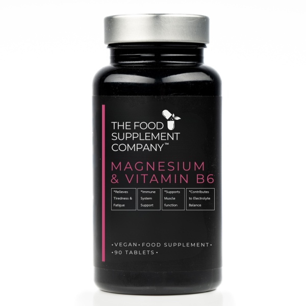 The Food Supplement Company Magnesium & Vitamin B6 tablets bottle on white background, vegan food supplement formulated to support energy metabolism, normal muscle function, electrolyte balance, and reduction of tiredness and fatigue, containing 90 tablets.