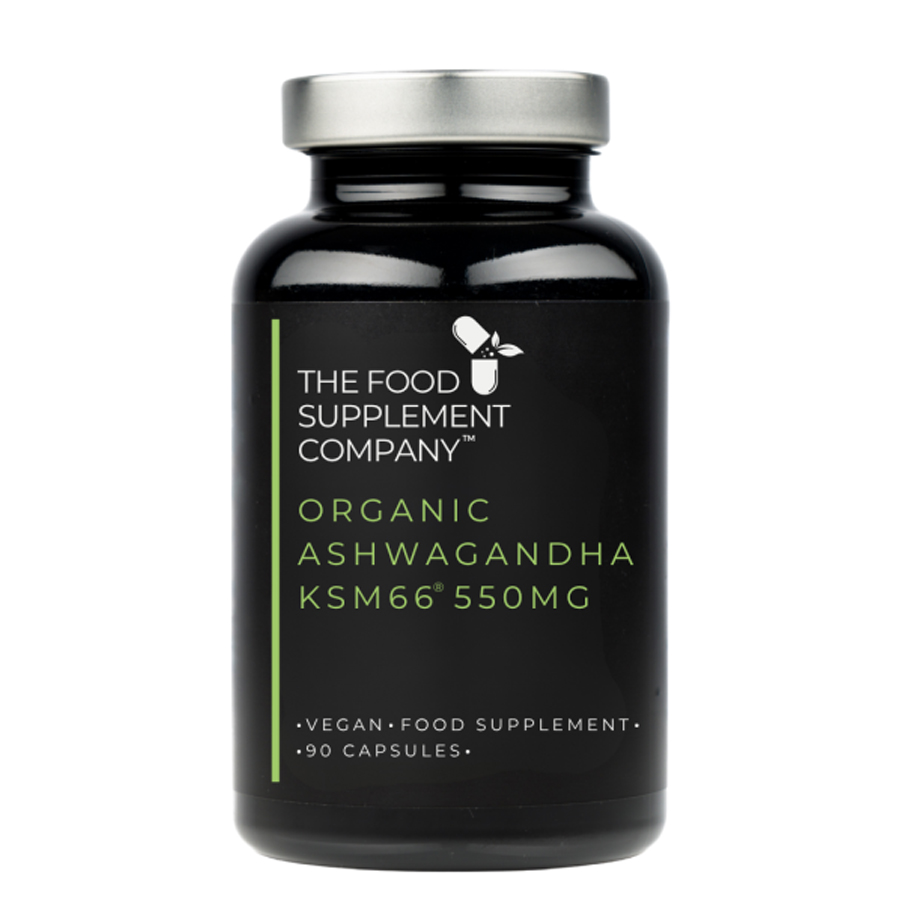 Bottle of Organic Ashwagandha KSM66® 550 mg capsules by The Food Supplement Company, vegan food supplement in black jar with silver lid, designed to support stress reduction, energy, mental clarity, and overall wellbeing.