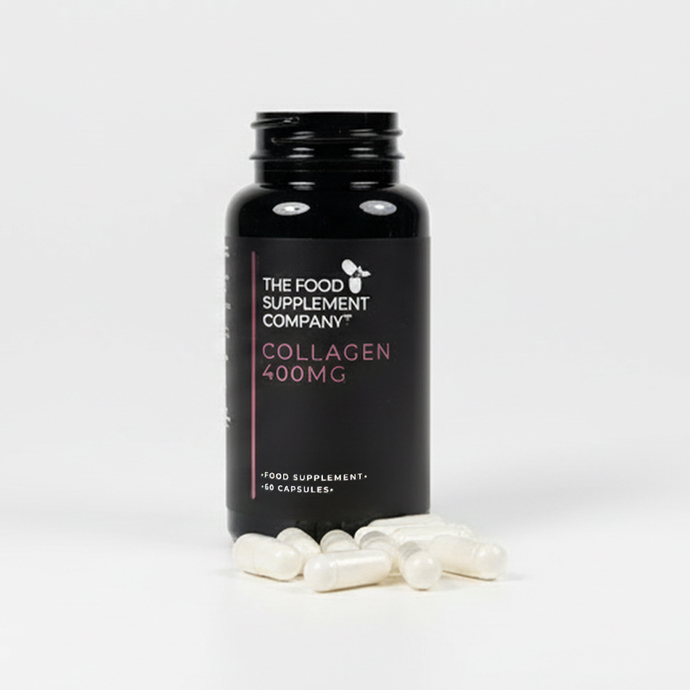 The Food Supplement Company Collagen 400mg capsules bottle shown with loose capsules in front, featuring a Type I bovine collagen food supplement designed to support skin elasticity, joint health, and strong hair and nails, with 60 daily capsules.