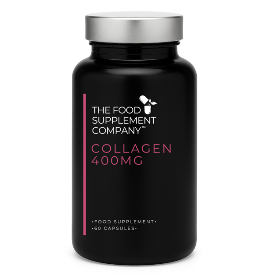 The Food Supplement Company Collagen 400mg capsules bottle on white background, food supplement containing Type I bovine collagen, designed to support skin elasticity, joint health, and strong hair and nails, with 60 daily capsules.