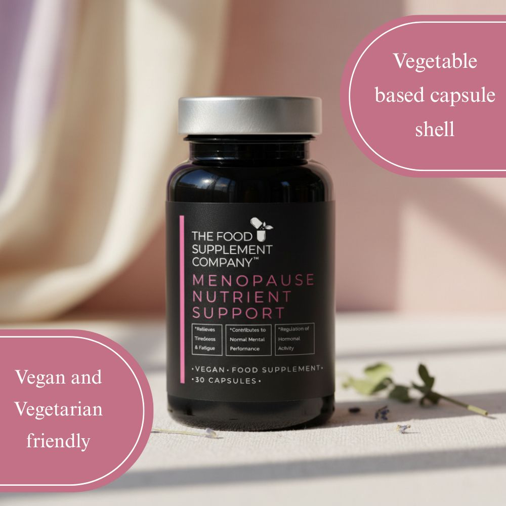 The Food Supplement Company Menopause Nutrient Support capsules bottle shown with vegan-friendly highlights, featuring vegetable-based capsule shells and a formulation suitable for vegetarians and vegans, designed to support wellbeing during menopause.
