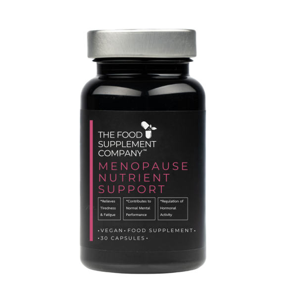 The Food Supplement Company Menopause Nutrient Support capsules bottle on white background, vegan food supplement formulated to support energy, hormonal balance, mental performance, and overall wellbeing during menopause, containing 30 daily capsules.