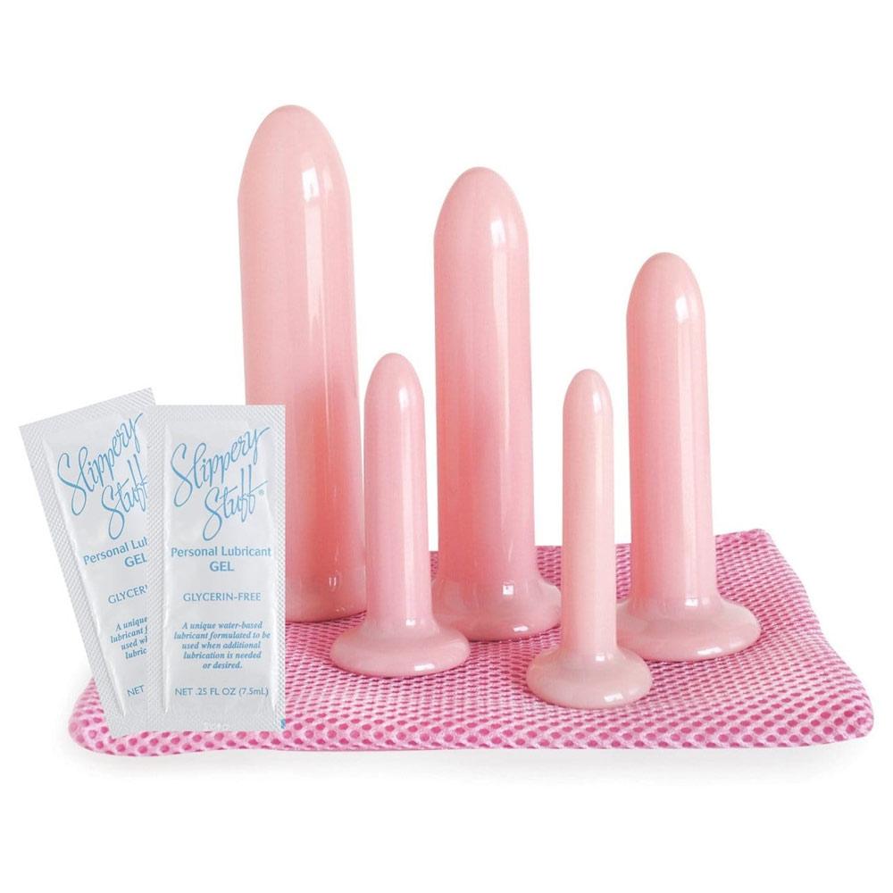 VuVa Smooth Vaginal Dilator Set with five graduated medical-grade dilators, pink storage mat and glycerin-free personal lubricant sachets, designed for pelvic floor therapy, vaginismus, menopause support and post-radiation vaginal rehabilitation.