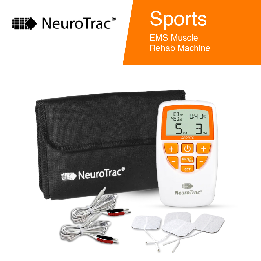 NeuroTrac Sports EMS muscle rehabilitation machine with dual-channel stimulator, LCD display, carry case, electrode pads and lead wires, designed for muscle strengthening, sports recovery and rehabilitation.