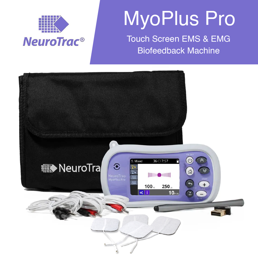 NeuroTrac MyoPlus Pro EMS and EMG biofeedback machine kit with accessories.