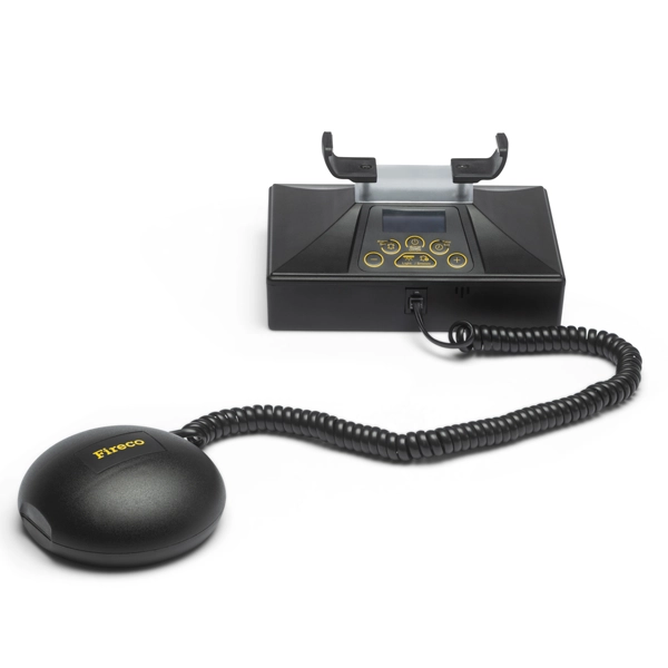 Fireco Deafgard battery powered fire alarm listener that activates after detecting a fire alarm over 75 decibels for 20 seconds, designed to wake deaf or hard of hearing users safely.