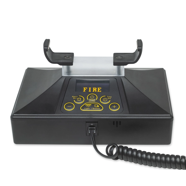 Fireco Deafgard main unit, battery powered fire alarm listener that activates after detecting a fire alarm over 75 decibels for 20 seconds, designed to wake deaf or hard of hearing users safely.
