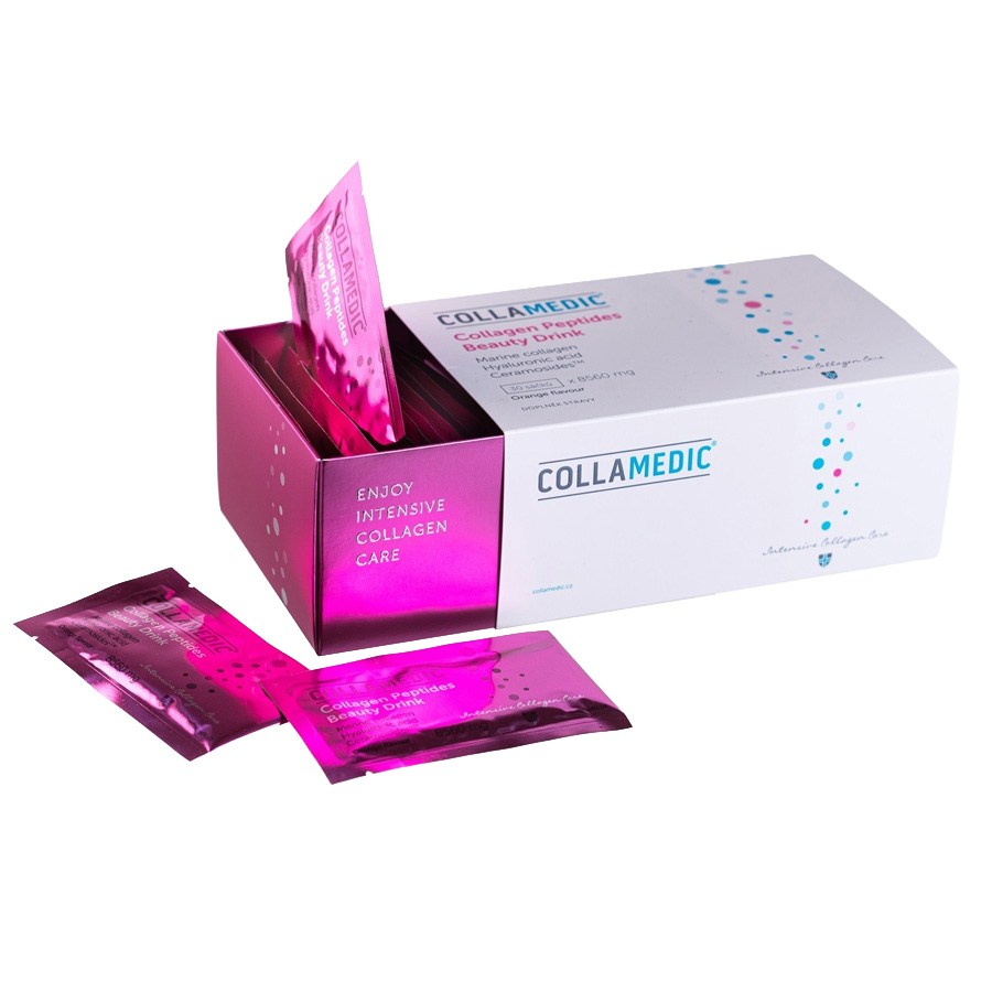 COLLAMEDIC Collagen Peptides Beauty Drink packaging shown with open box and individual pink sachets, featuring marine collagen beauty drink designed to support skin hydration, firmness, and radiance, presented as single-serve collagen supplement sachets.