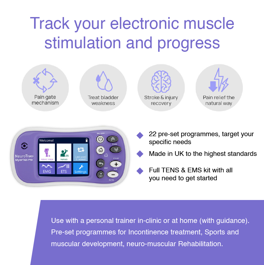 NeuroTrac MyoPlus Pro, highlighting electronic muscle stimulation tracking, pain relief, rehabilitation uses, 22 preset programmes and UK manufacture