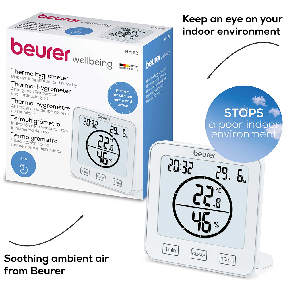 Beurer HM 22 thermo hygrometer with retail packaging, showing digital display of indoor temperature and humidity. Ideal for monitoring air quality and preventing poor indoor environments in the home, kitchen, office, or living space.