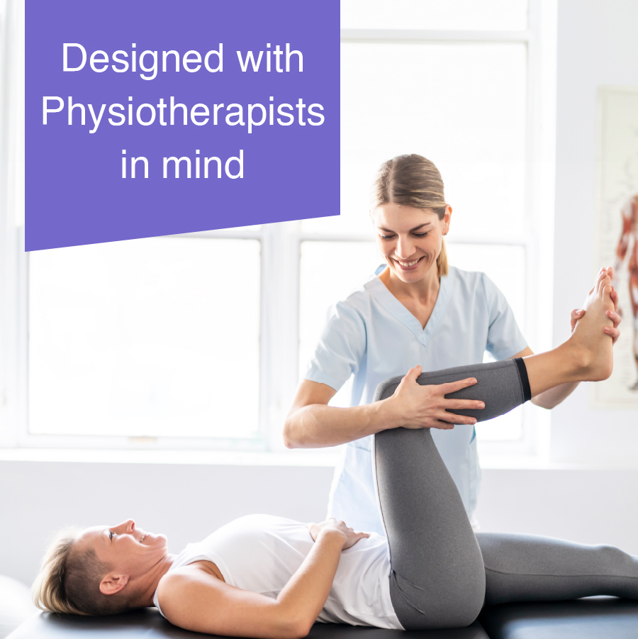 Physiotherapist helping a patient with guided leg rehabilitation exercises. NeuroTrac MyoPlus Pro designed by Physiotherapists.