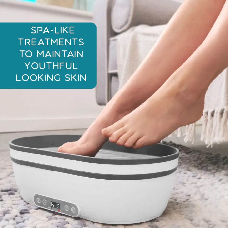 Osalis deluxe hand and foot wax bath in use, showing feet immersed in a home spa wax treatment with digital temperature control, designed to moisturise skin, improve circulation, relieve joint pain and maintain youthful-looking skin.
