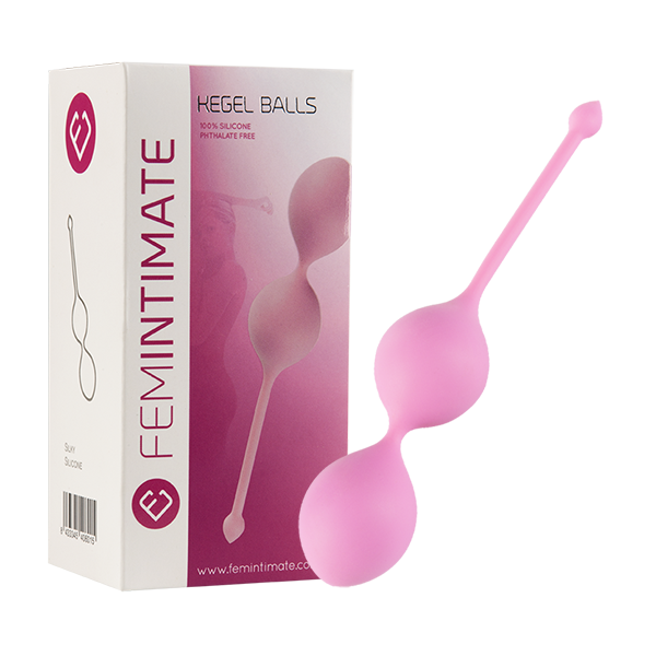 Femintimate Kegel Balls with retail packaging, made from soft pink silicone, designed for pelvic floor strengthening, postpartum recovery and incontinence support, featuring a smooth oval double-ball design with retrieval stem.