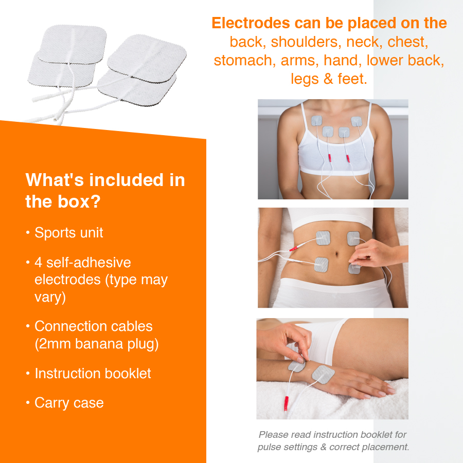 Electrical muscle stimulation electrodes placed on chest, abdomen and arm, demonstrating correct electrode positioning for EMS and TENS muscle therapy devices.