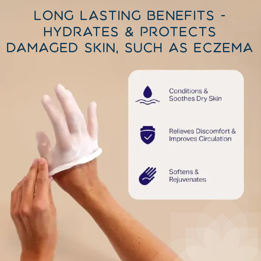 Hand receiving paraffin wax treatment and protective glove, demonstrating long-lasting hydration and skin protection, helping soothe dry or damaged skin such as eczema, improve circulation, relieve discomfort, and soften hands during wax therapy.