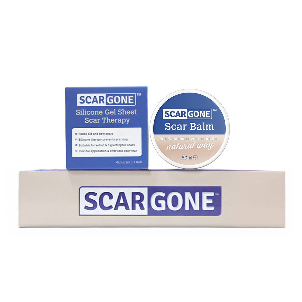 ScarGone scar therapy products including a silicone gel sheet roll, scar massager and ScarGone scar balm designed to help minimise the appearance of scars