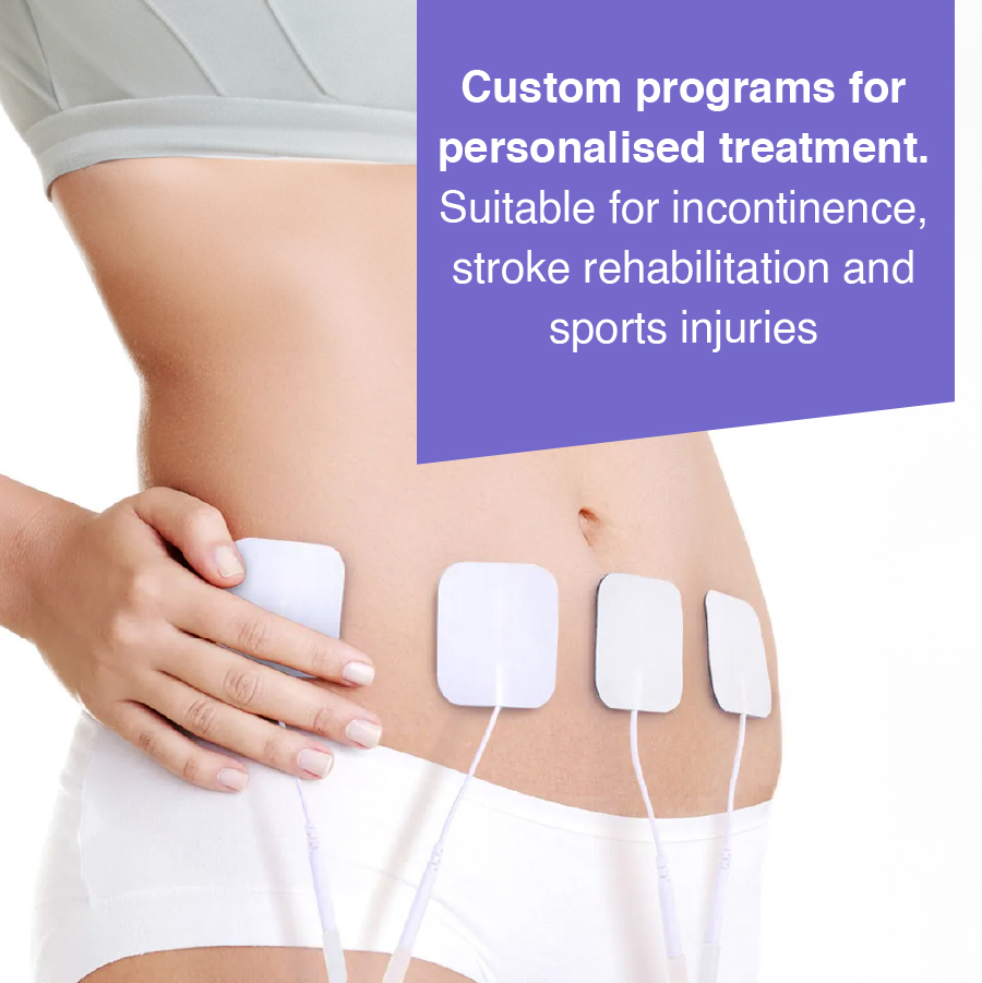 Abdominal electrode placement showing NeuroTrac MyoPlus Pro personalised EMS and EMG treatment for incontinence, rehabilitation and sports injuries